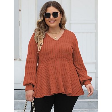 Women Plus V Neck Lantern Long Sleeve Shirts Oversized Casual Ribbed Tunics Knit Pullover Sweaters