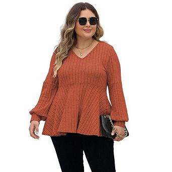 Women Plus V Neck Lantern Long Sleeve Shirts Oversized Casual Ribbed Tunics Knit Pullover Sweaters