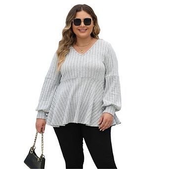 Women Plus V Neck Lantern Long Sleeve Shirts Oversized Casual Ribbed Tunics Knit Pullover Sweaters