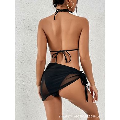 Women 3 Piece Swimsuits Halter Triangle Bikini Sets with Cover Up String Tie Side Bathing Suits