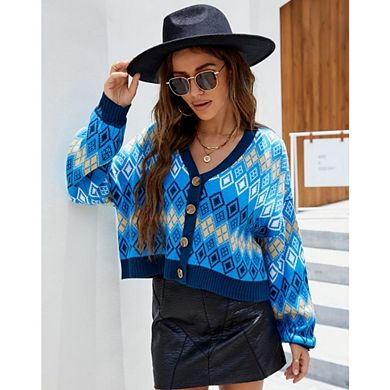 Women's Boho Chunky Knit Open Front Sweater Long Sleeve Button Loose Short Cardigan Outerwear Coats
