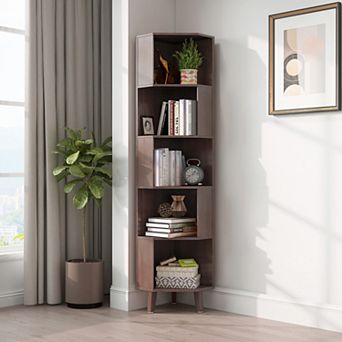5 tier Corner Cabinet, Bamboo Bookcase, Storage & Display Cabinet, Corner Bookshelf