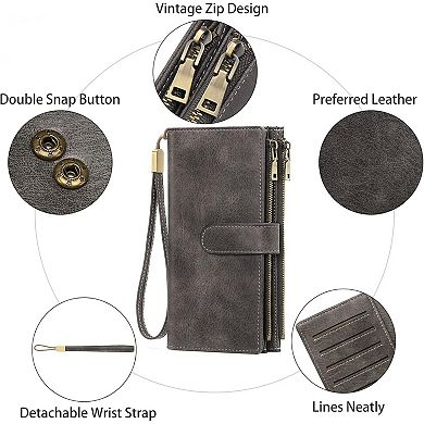 RFID Blocking Women Wallet,Large Capacity PU Leather Wristlet with Removable Strap,for Daily Travel