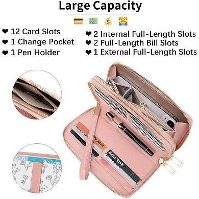 RFID Blocking Wallets for Women, Large Capacity PU Leather Double Zip Wristlet Clutch for Daily Use