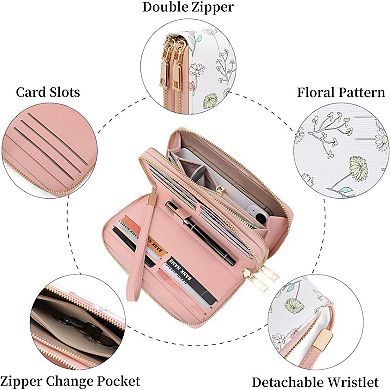 RFID Blocking Wallets for Women, Large Capacity PU Leather Double Zip Wristlet Clutch for Daily Use