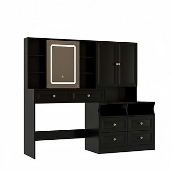 Vabches 58.6'' Vanity Desk with Sliding LED Mirror, 6 Drawers, Power Outlet & Nightstand