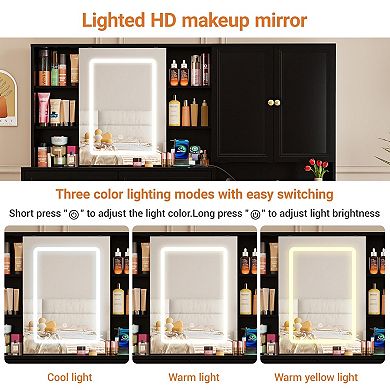 Vabches Large Makeup Vanity Desk with LED Mirror, 6 Drawers, Power Outlet, Bedroom Dressing Table