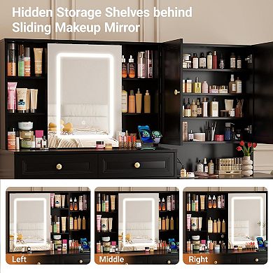 Vabches Large Makeup Vanity Desk with LED Mirror, 6 Drawers, Power Outlet, Bedroom Dressing Table