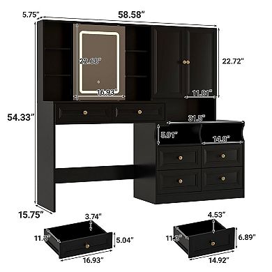 Vabches Large Makeup Vanity Desk with LED Mirror, 6 Drawers, Power Outlet, Bedroom Dressing Table