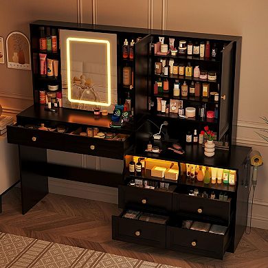 Vabches Large Makeup Vanity Desk with LED Mirror, 6 Drawers, Power Outlet, Bedroom Dressing Table