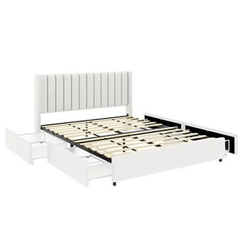CEWOR Queen 4-Drawer Storage Ded, Cushioned Platform Bed w/suede Headboard, No Need for Spring Box