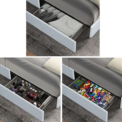 CEWOR Queen 4-Drawer Storage Ded, Cushioned Platform Bed w/suede Headboard, No Need for Spring Box
