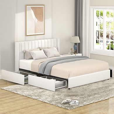 CEWOR Queen 4-Drawer Storage Ded, Cushioned Platform Bed w/suede Headboard, No Need for Spring Box