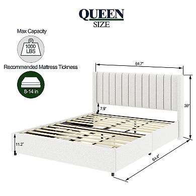 CEWOR Queen 2-Drawer Storage Ded, Cushioned Platform Bed w/suede Headboard, No Need for Spring Box