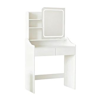 Vabches Vanity Desk with LED Mirror & Charging Station, Makeup Table with Storage Stool