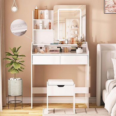 Vabches Vanity Desk with LED Mirror & Charging Station, Makeup Table with Storage Stool