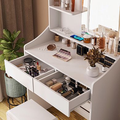 Vabches Vanity Desk with LED Mirror & Charging Station, Makeup Table with Storage Stool