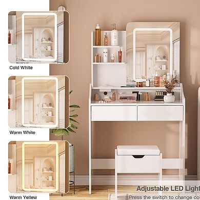 Vabches Vanity Desk with LED Mirror & Charging Station, Makeup Table with Storage Stool
