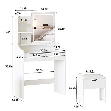Vabches Vanity Desk with LED Mirror & Charging Station, Makeup Table with Storage Stool