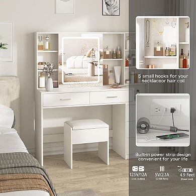 Vabches Vanity Desk with LED Mirror Lights, Charging Station, 5 Drawers, Makeup Dressing Table