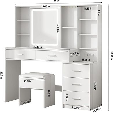 Vabches Vanity Desk with LED Mirror Lights, Charging Station, 5 Drawers, Makeup Dressing Table