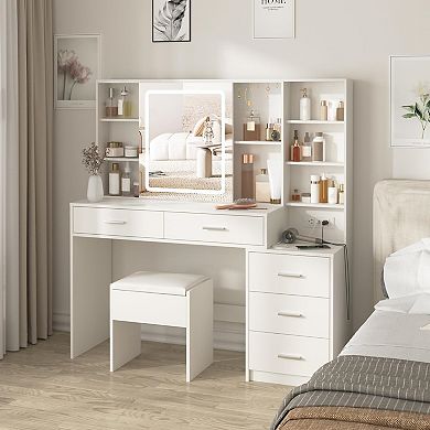 Vabches Vanity Desk with LED Mirror Lights, Charging Station, 5 Drawers, Makeup Dressing Table
