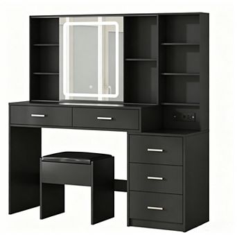 Vabches Vanity Desk with LED Mirror Lights, Charging Station, 5 Drawers, Makeup Dressing Table
