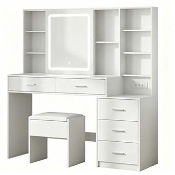 Vabches Vanity Desk with LED Mirror Lights, Charging Station, 5 Drawers, Makeup Dressing Table