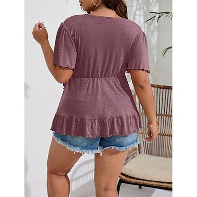 Plus Size V Neck Ruffle Peplum Blouse Women Flutter Short Sleeve Wrap Top