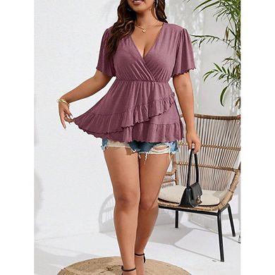 Plus Size V Neck Ruffle Peplum Blouse Women Flutter Short Sleeve Wrap Top