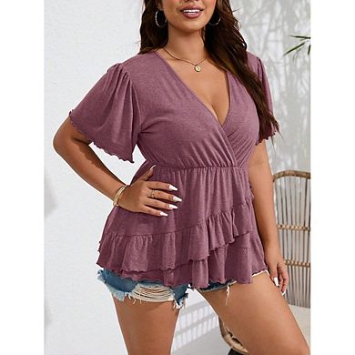 Plus Size V Neck Ruffle Peplum Blouse Women Flutter Short Sleeve Wrap Top