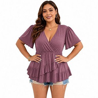 Plus Size V Neck Ruffle Peplum Blouse Women Flutter Short Sleeve Wrap Top