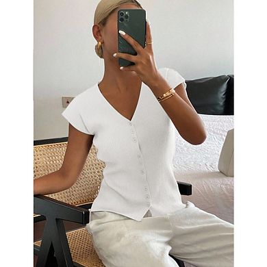 Women's sleeveless ribbed knit vest, button-down front, V-neck, slim fit