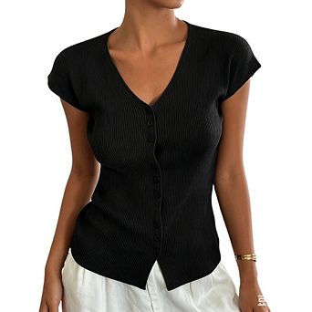 Women's sleeveless ribbed knit vest, button-down front, V-neck, slim fit