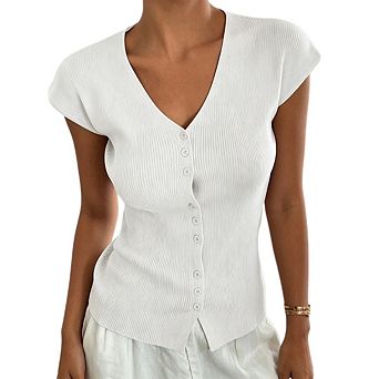 Women's sleeveless ribbed knit vest, button-down front, V-neck, slim fit