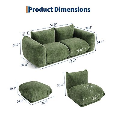75" Chenille Loveseat Sofa, Deep Seat Modular Couch with Headrest for Small Space Bedroom