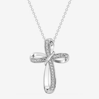RADIANT GEM 1/4 Carat T.W. Lab-Grown Diamond Pave Ribbon Cross Pendant Necklace
