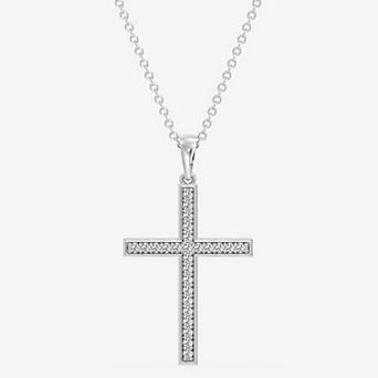 RADIANT GEM Fine Silver Plated 1/4 Carat T.W. Round Lab-Grown Diamond Pave Classic Cross Pendant Necklace