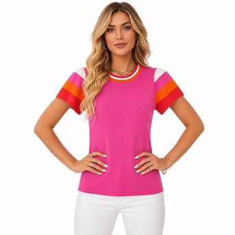 Women Color Block Stripe Puff Short Sleeve Crew Neck Knit Tee