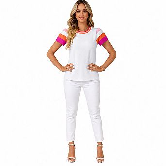 Women Color Block Stripe Puff Short Sleeve Crew Neck Knit Tee