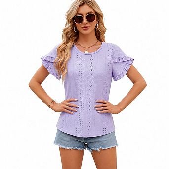 Women Eyelet Embroidery Ruffle Short Sleeve Crew Neck Casual Tunic Tee