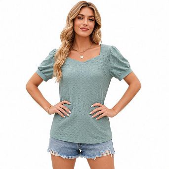 Women Eyelet Embroidery Puff Short Sleeve Blouse Sweet Heart Neck Casual Tunic Top
