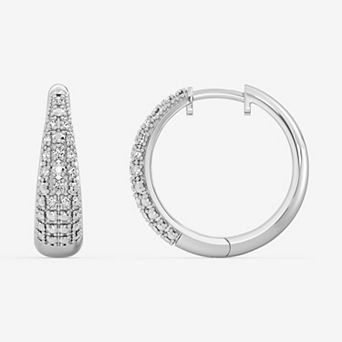 RADIANT GEM Fine Silver Plated 1/4 Carat T.W. Lab-Grown Diamond Pave Hinge Hoop Earrings