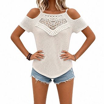 Women's Cold Shoulder Lace Waffle Knit Top Casual Boho Blouse