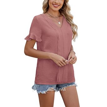 Women's V Neck Ruffle Short Sleeve Casual Blouse Front Pleated Crinkled Loose Top