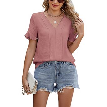 V Neck Ruffle Sleeve Crinkled Blouse Front Pleated Loose Casual Top for Women