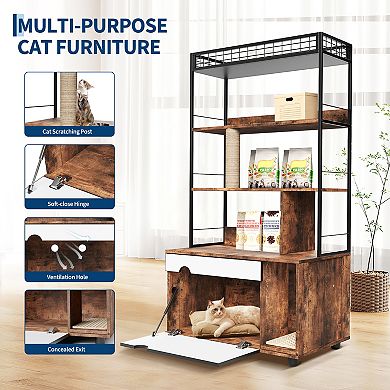 Cat Litter Box Enclosure with 4-Tier Shelves and Scratching Post