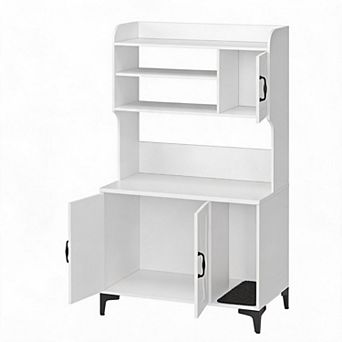 Modern Cat Litter Box Enclosure Furniture- 4 tier Storage Shelves and 2 Cabinets