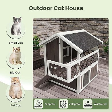 Large Outdoor Cat House Weatherproof with Balcony