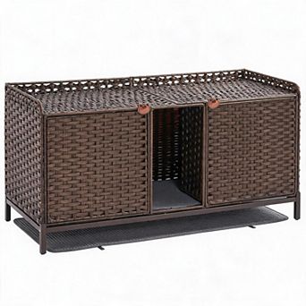 Rattan Litter Box Enclosure Double Cat Hidden Litterbox Furniture with Removable Litter Mat